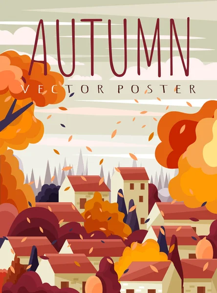 Ağaçlar üzerinde renkli turuncu yaprakları ile sonbaharda bir kasabada kırmızı çatılı evler ve rüzgarda esen, vektör mevsimlik peyzaj poster tasarımı.