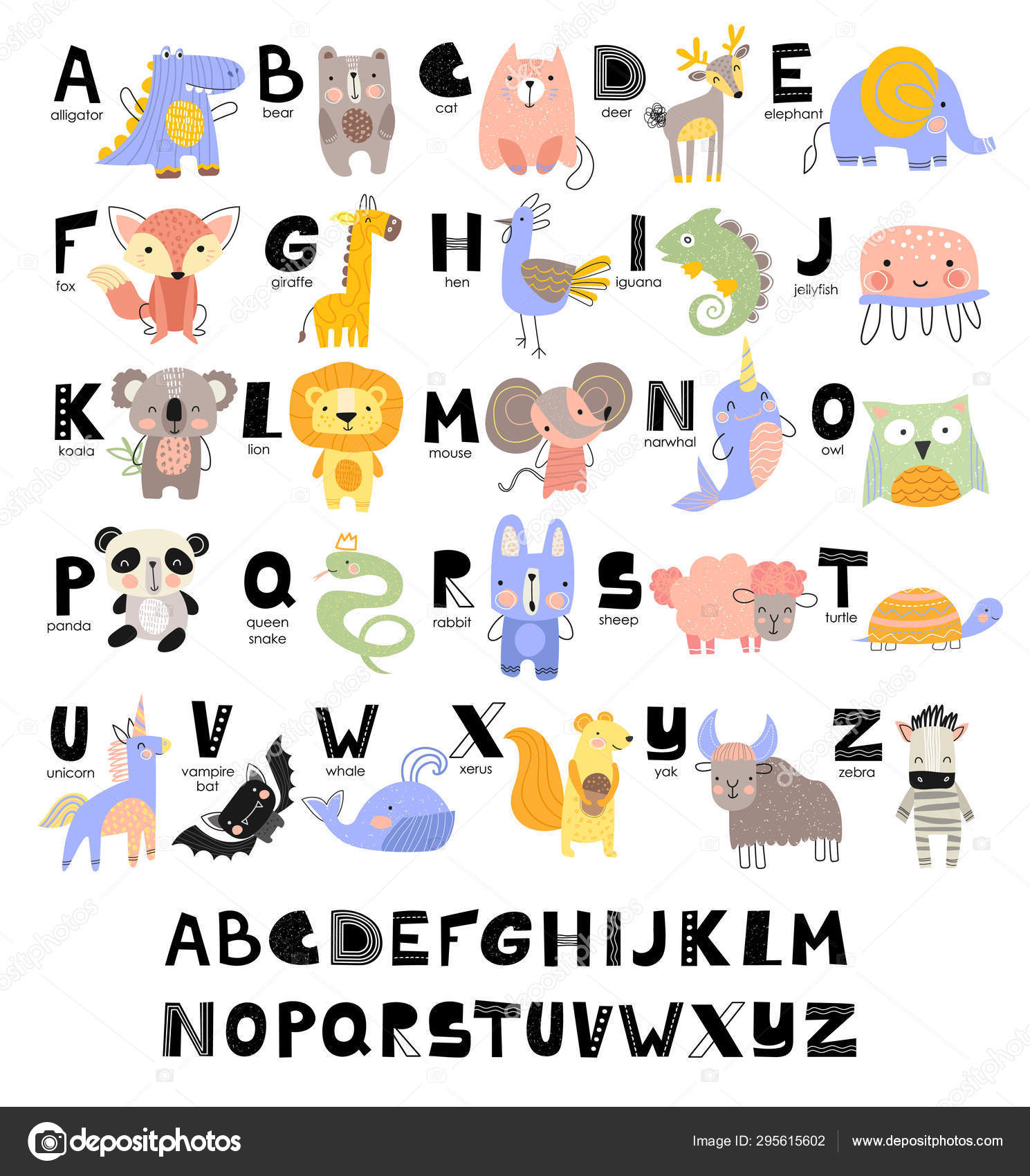 Funny Alphabet for young children with names and pictures of animals  assigned to each letter. Learning English for kids concept with a font in  black capital letters in vector. Stock Vector Image