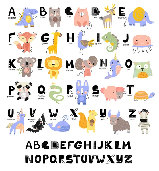 Alfabeto divertido para niños pequeños con nombres e imágenes de animales asignados a cada letra. Aprender inglés para niños concepto con una fuente en letras mayúsculas negras en vector . — Archivo Imágenes Vectoriales