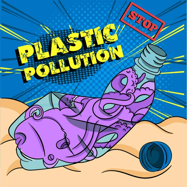 Stop Plastic Imagen de concepto pop-art de advertencia de contaminación con un pulpo atrapado dentro de una botella arrugada, muriendo en el fondo del mar. Ilustración VECTOR . — Vector de stock