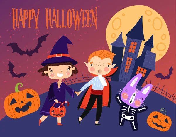 Colorful Happy Halloween card or poster vector design with two young children in fancy dress, trick-or-treating at night in front of a haunted house with their rabbit. — Stock Vector