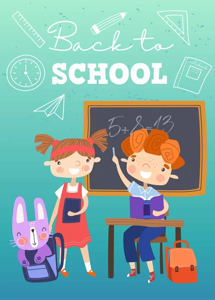 Concepto Back To School con dos niños pequeños en un aula con su mascota en una mochila, aprendiendo aritmética en una ilustración vectorial colorida con texto . — Vector de stock