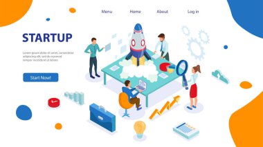 Web sitesi ve mobil web sitesi için Startup projesinin modern isometrik konsepti. Açılış sayfası şablonu. Kolayca edinilir ve özelleştirin. Vektör çizimi.