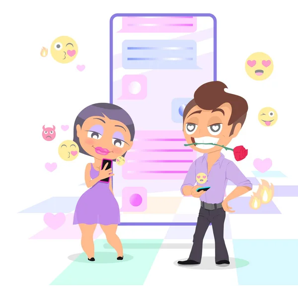 Pretty kvinna chattar med stilig man med smartphone. Dating och virtuellt Relations koncept. Chatta bubblor och emojis på bakgrunden. Vektor illustration. — Stock vektor