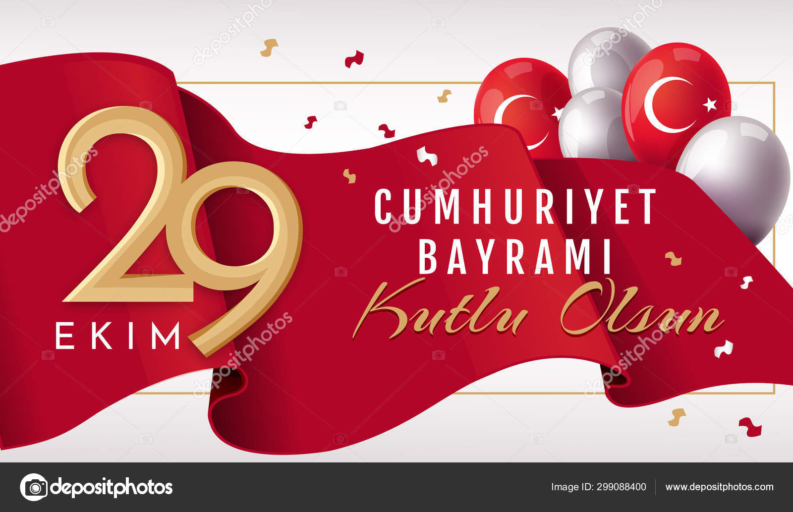 29 伊金·库姆胡里耶特·拜拉米·库图卢·奥尔松，土耳其共和国日。翻译：10月29日共和国日土耳其国庆快乐假期. 图库矢量图©mentalmind  299088400
