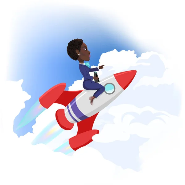 Mulher de negócios a voar no foguetão espacial. Sucesso Conquista conceito Cartoon Vector ilustração . —  Vetores de Stock