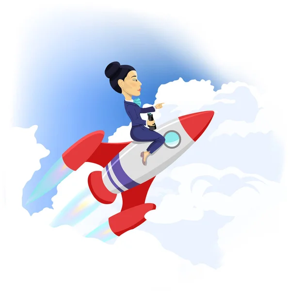 Mulher de negócios a voar no foguetão espacial. Sucesso Conquista conceito Cartoon Vector ilustração . —  Vetores de Stock