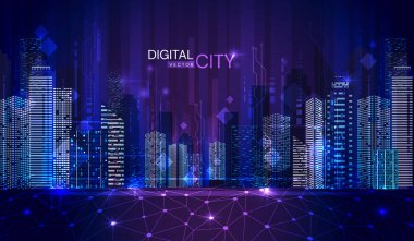 Bir vektör illlustration metin ile Cbd ışıklı gökdelenler ve ofis blokları ile alacakaranlıkta bir Dijital Şehir renkli mavi panorama.