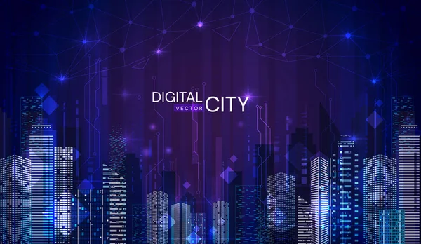 Scène nocturne illuminée d'une ville numérique avec des gratte-ciel modernes dans des tons bleu crépusculaire avec du texte dans une bannière de panorama vectoriel . — Image vectorielle
