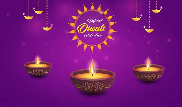 Website-Header oder Banner-Design mit realistischen Öllampe auf lila Hintergrund für Diwali-Festival-Feier. — Stockvektor