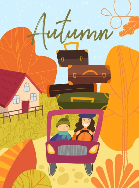Мать и сын на семейном отдыхе осенью едут по сельской местности с багажом на крыше автомобиля — стоковый вектор