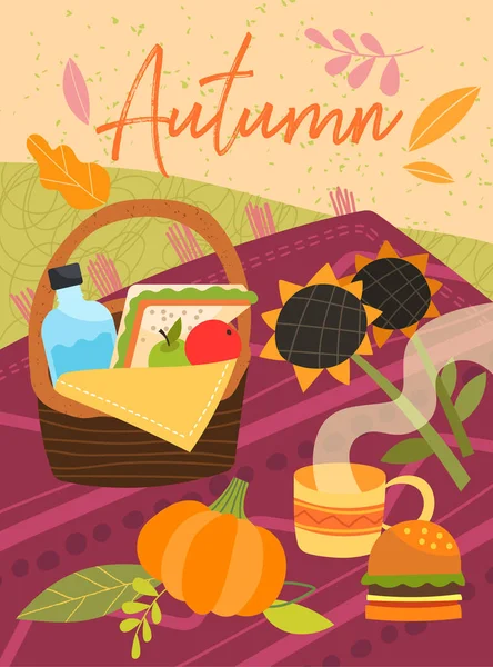Piquenique de outono colorido em um tapete na grama ao ar livre em um parque com hambúrguer, comida em uma cesta, bebidas, girassóis e uma abóbora —  Vetores de Stock