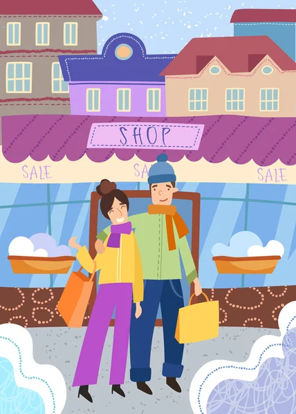 Молодая пара ходит по магазинам вместе на ежегодной распродаже стоя рука об руку возле магазина держа сумки или покупки — стоковый вектор