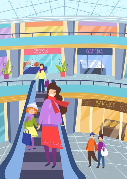 젊은 어머니가 쇼핑몰에서 실내 에스컬레이터를 타고 손을 잡고 어린 딸과 함께 쇼핑합니다. — 스톡 벡터