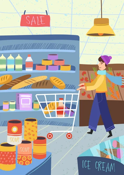 Homem fazendo as compras de supermercado empurrando um carrinho com comida em um supermercado —  Vetores de Stock
