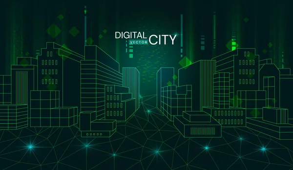 Scène nocturne éclairée d'une ville numérique avec des gratte-ciel modernes dans des tons vert crépusculaire avec du texte dans une bannière de panorama vectoriel . — Image vectorielle