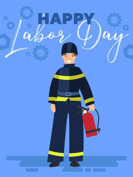 Feliz Día del Trabajo cartel o diseño de la tarjeta de felicitación con un bombero de pie con extintor bajo el texto sobre un fondo azul, colorido vector de dibujos animados, ilustración . — Vector de stock
