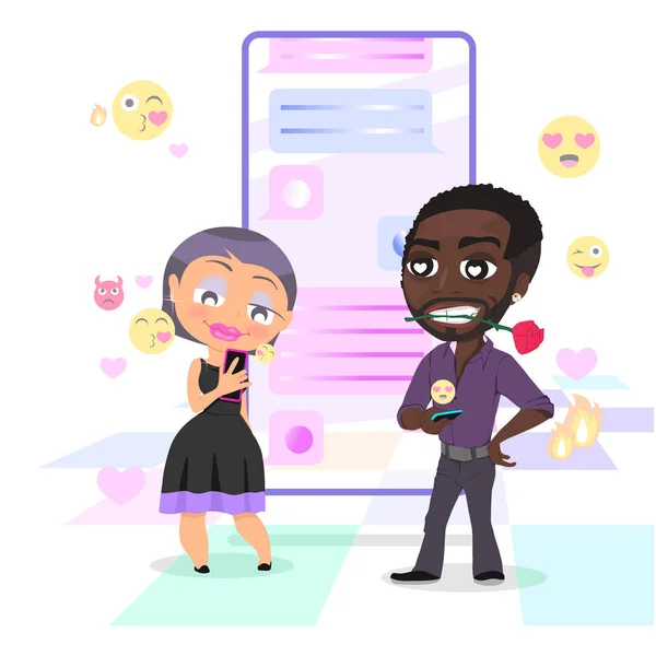 Bella donna è in chat con un bell'uomo con smartphone. Incontri e concetto di relazione virtuale. Chat bolle ed emoji sullo sfondo. Illustrazione vettoriale . — Vettoriale Stock