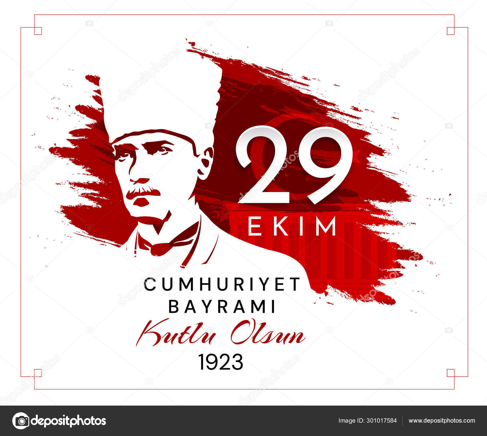 29 伊金·库姆胡里耶特·拜拉米·库图卢·奥尔松，土耳其共和国日。翻译：10月29日共和国日土耳其国庆快乐假期. 图库矢量图©mentalmind  301017584