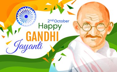 Mahatma Gandhi anısına bir çizim ile 2 Ekim'de Hindistan'da Gandhi Jayanti tatil kutlaması için renkli afiş veya kart tasarımı