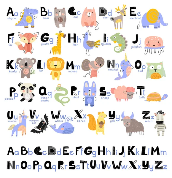 1Alfabeto divertente per bambini piccoli con nomi e immagini di animali assegnati a ogni lettera. Imparare l'inglese per bambini concetto — Vettoriale Stock