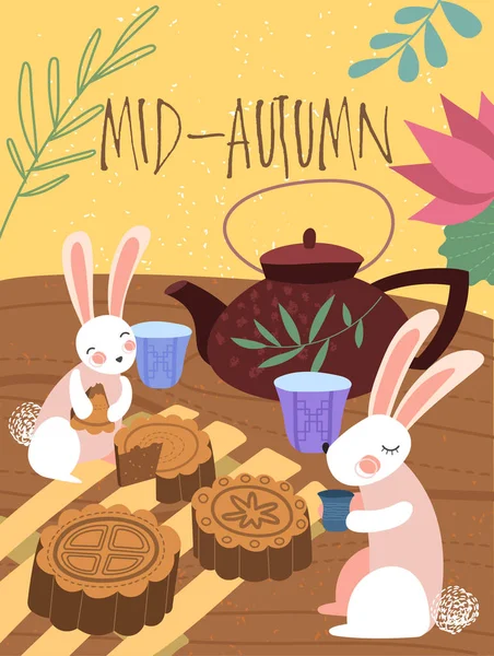 可爱的中秋海报设计兔子茶会与两个小粉红色的兔子坐下来饼干和茶在大茶壶前 — 图库矢量图片