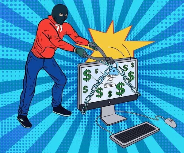 Χάκερ σπάζοντας το κλείδωμα ασφαλείας σε έναν υπολογιστή με εικονίδια δολαρίων στην οθόνη χρησιμοποιώντας ένα μεγάλο ζεύγος κόφτες σε μια έννοια του κυβερνοεγκλήματος, κλοπή και χακάρισμα — Διανυσματικό Αρχείο