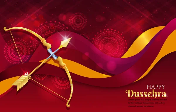 Happy Dussehra celebration banner or poster with gold bow and arrow over a rich red background with decorations, pattern and wafting ribbon — Stock Vector