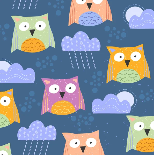 Wzór tła cute little Owls z chmur i deszczu i ciekawski księżyc na niebieskim tle w formacie kwadratowym dla płytek i druku — Wektor stockowy