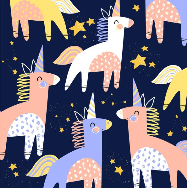 Colorido patrón vectorial para niños de unicornios de dibujos animados con cuernos y estrellas centelleantes sobre un fondo azul medianoche en formato cuadrado — Vector de stock