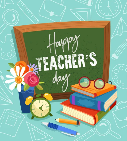 Happy Teachers Day greeting card or poster with colorful piled books in front of a vintage student slate with text, flowers and an alarm clock — Stock Vector