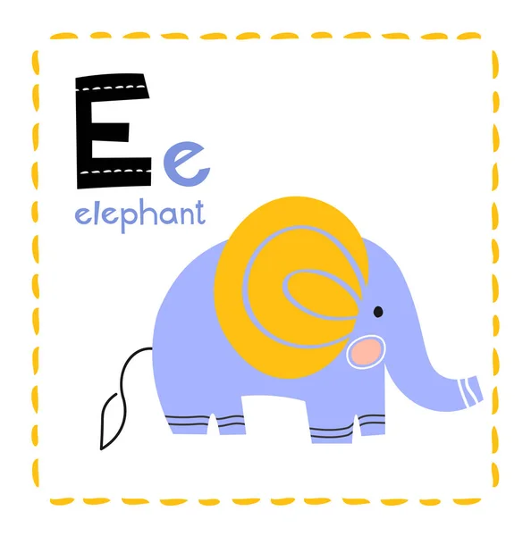 Letra E. Alfabeto divertido para niños pequeños. Aprender inglés para niños concepto con una fuente en letras mayúsculas negras en vector . — Vector de stock