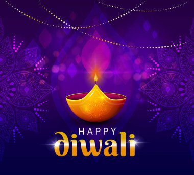 Diwali festivali kutlama için mor arka plan üzerinde gerçekçi kandil ile Web sitesi başlık veya banner tasarımı.