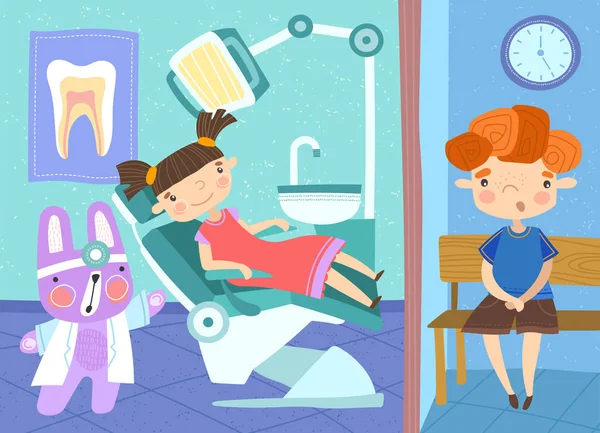 Desenhos animados ilustração de duas crianças pequenas no dentista —  Vetores de Stock