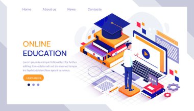 Ders kitapları ve mezuniyetten bir harç tahtası şapkası ile çevrili bir dizüstü bilgisayar üzerinde çalışan erkek öğrenci ile online eğitim infografik