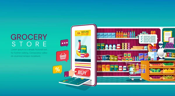 Concepto de compras en tienda de comestibles online — Vector de stock