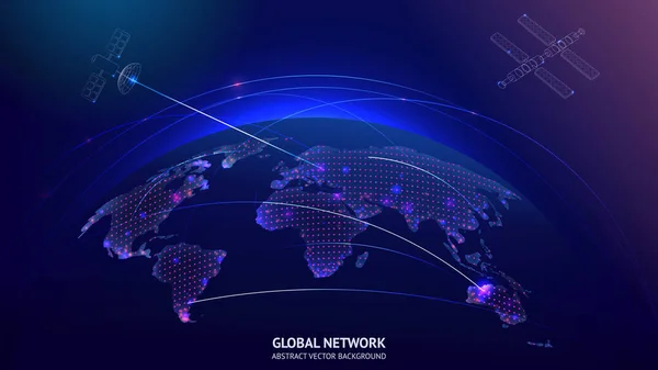 Koncept komunikace v globální síti se satelity — Stockový vektor