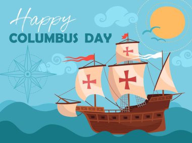 Mutlu Columbus Günü tebrik kartı veya poster tasarımı okyanus yelken tarihi bir ahşap schooner gösteren