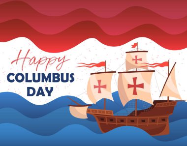 Mutlu Columbus Günü tebrik kartı veya poster tasarımı tarihi bir ahşap schooner gösteren