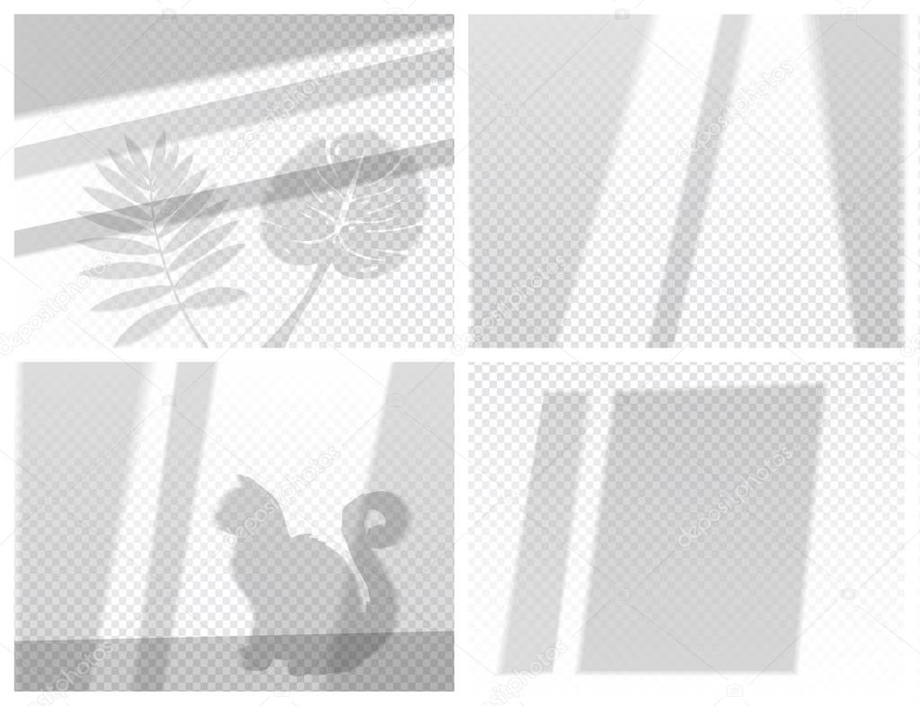 Shadow set of four different grey shadows with a seated cat, two different leaves and stripes showing perspective