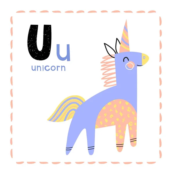 Letra U del alfabeto de dibujos animados para Unicornio para enseñar — Vector de stock