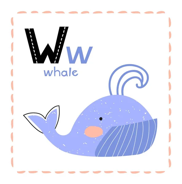 Cartoon alfabet letter W voor walvis voor kinderen — Stockvector