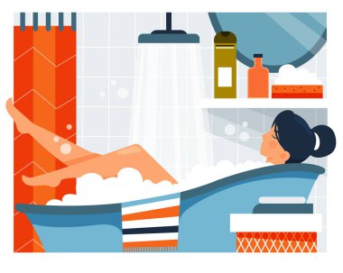 Günlük hayat. Günlük hayat. Banyo yaptıran kadın. Vektör illüstrasyon. Çizgi film karakteri.