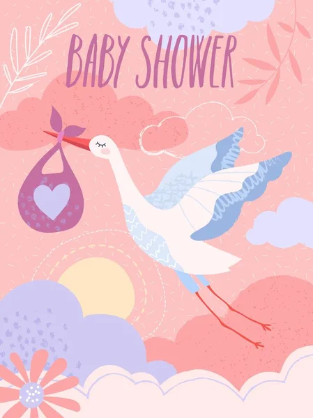 Pastel bebé ducha invitación plantilla con cigüeña voladora — Vector de stock