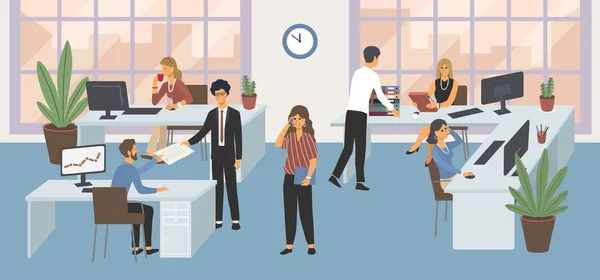 Ομάδα εργαζομένων που κάθονται σε γραφεία και επικοινωνούν με τους πελάτες — Διανυσματικό Αρχείο