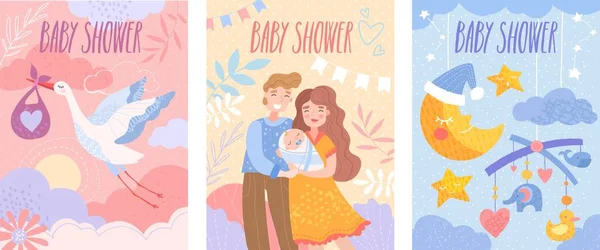 Állítsa be a baba zuhany meghívó sablonok boldog szülők, repülő gólya és nyugvó félhold — Stock Vector