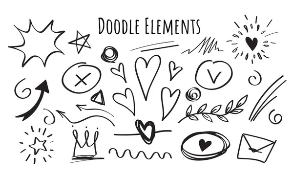 Conjunto de elementos Doodle dibujados a mano, negro sobre fondo blanco . — Vector de stock