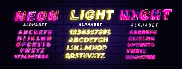 Três conjuntos de alfabeto néon em cores brilhantes brilhantes —  Vetores de Stock