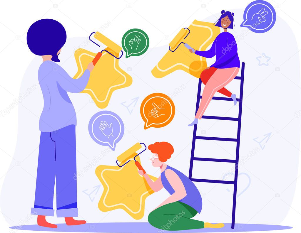 Feedback consumer or customer review evaluation, satisfaction level and critic icon concept. People are drawing stars on the wall. Vector illustration.