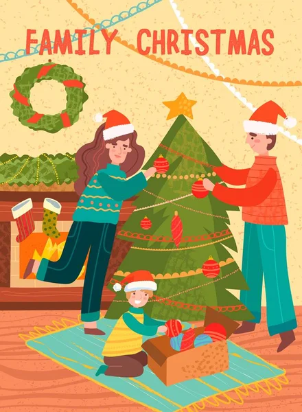 Boldog család díszítő karácsonyfa — Stock Vector